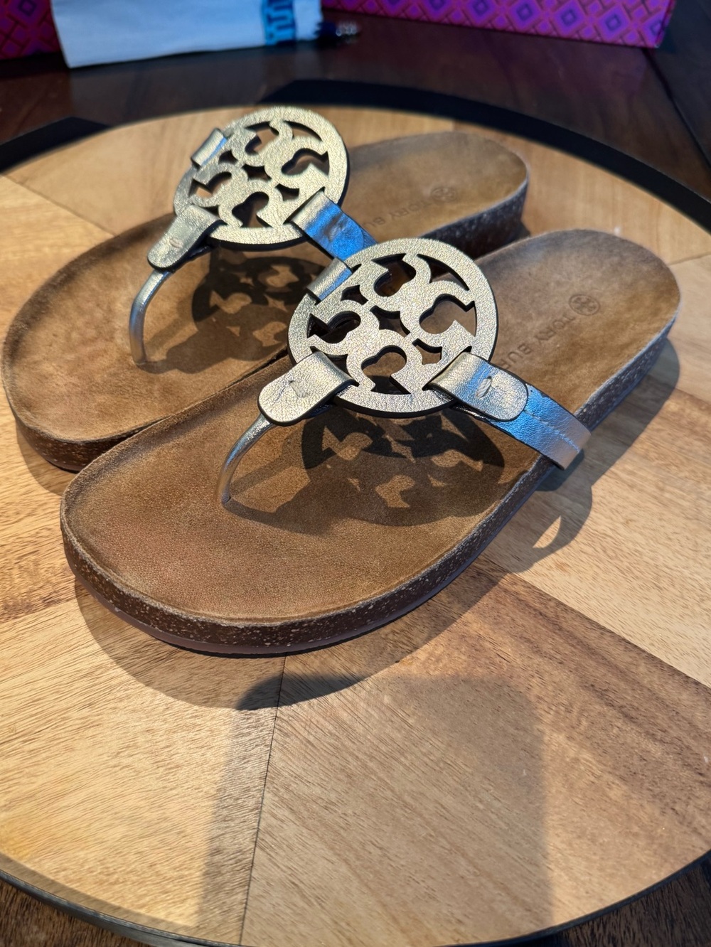 NWT Tory Burch gold Metallic Logo Thong cork Sandals